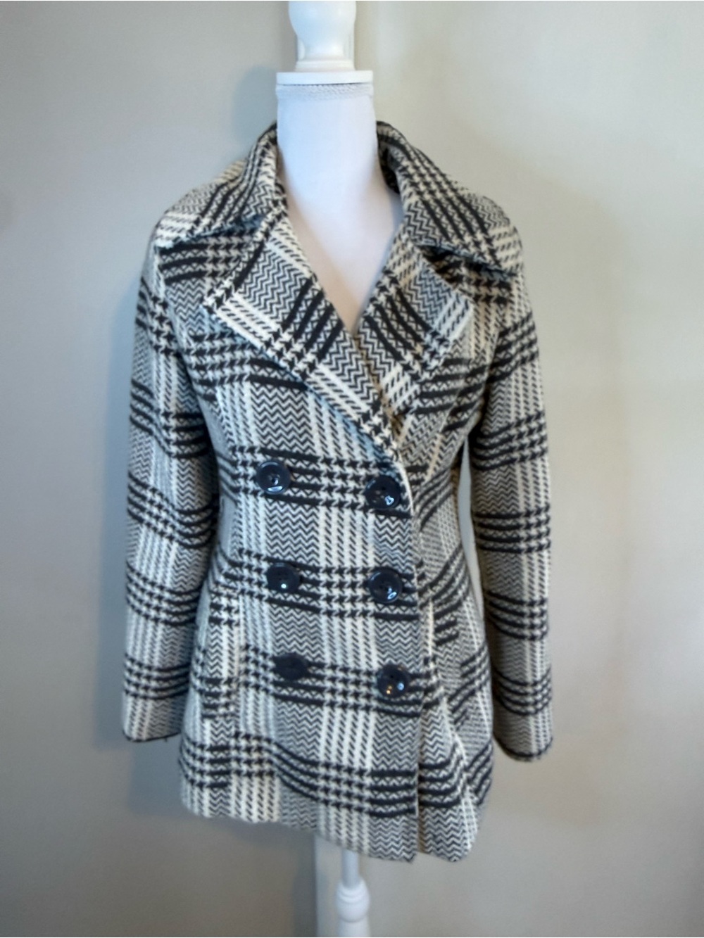 Vintage Larry Levine Mixed Tweed Plaid Tailored Pea Coat S